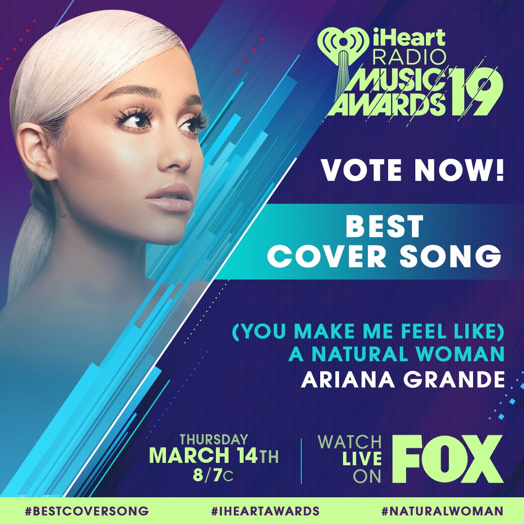 iHeartRadio's tweet photo. RT to vote for #ThankUNext for #BestCoverSong! #iHeartAwards https://t.co/I8JR6x17Y5