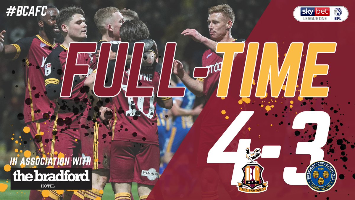 officialbantams's tweet photo. @Northern_Comms @Bradford_Hotel @shrewsweb ⏱ FULL-TIME in association with The @Bradford_Hotel
 |  🐓 @officialbantams 4-3 @shrewsweb 🔵 | A crazy second half - and David Ball steals the show at the @Northern_Comms Stadium! INCREDIBLE.

#BCAFC https://t.co/Iq2fwKKQij