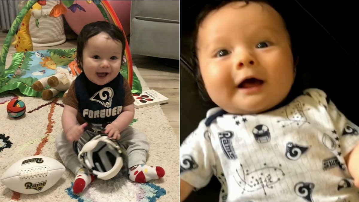 ABC7's tweet photo. WHOSE HOUSE? RAMS HOUSE! Video of this adorable baby girl showing off her @RamsNFL spirit will make your day! https://t.co/KPc3vxUSS3 #SuperBowl #abc7rams ππ£ https://t.co/gZwNp2D1Sa
