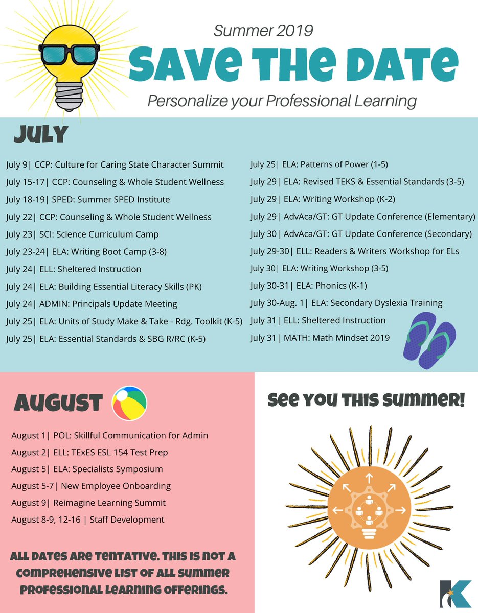 KleinProfLearn's tweet photo. Summer Save the Date is here! 🏖️ Check out the list of exciting conferences! 😃 This is not a comprehensive list of all offerings and all dates are tentative until the April playlist release. ✅ https://t.co/6cKHEdglOZ