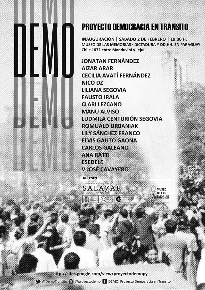 DemoTransito's tweet image. Este sábado 2 de febrero a las 19:00 inauguramos la muestra de #DEMO Proyecto democracia en tránsito, con la participación de artistas paraguayxs que reflexionan sobre los #30años de transición democrática en Paraguay.