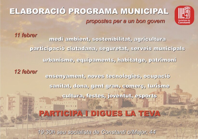 PSCConstanti's tweet photo. 🗣 Participa i digues la teva
#Constantí #ProgramaParticipatiu #propostes #bongovern #participa
#estimemconstanti https://t.co/JycJNlfhRj