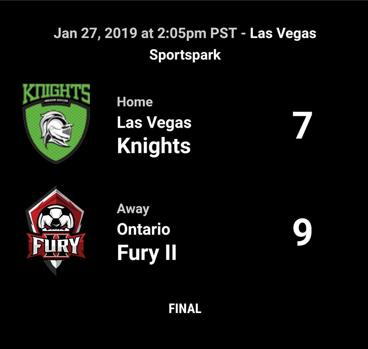 Sundays final score and big win in Sin City! #GoFuryII #MASL2 #M2 #ArenaSoccer #InlandEmpire