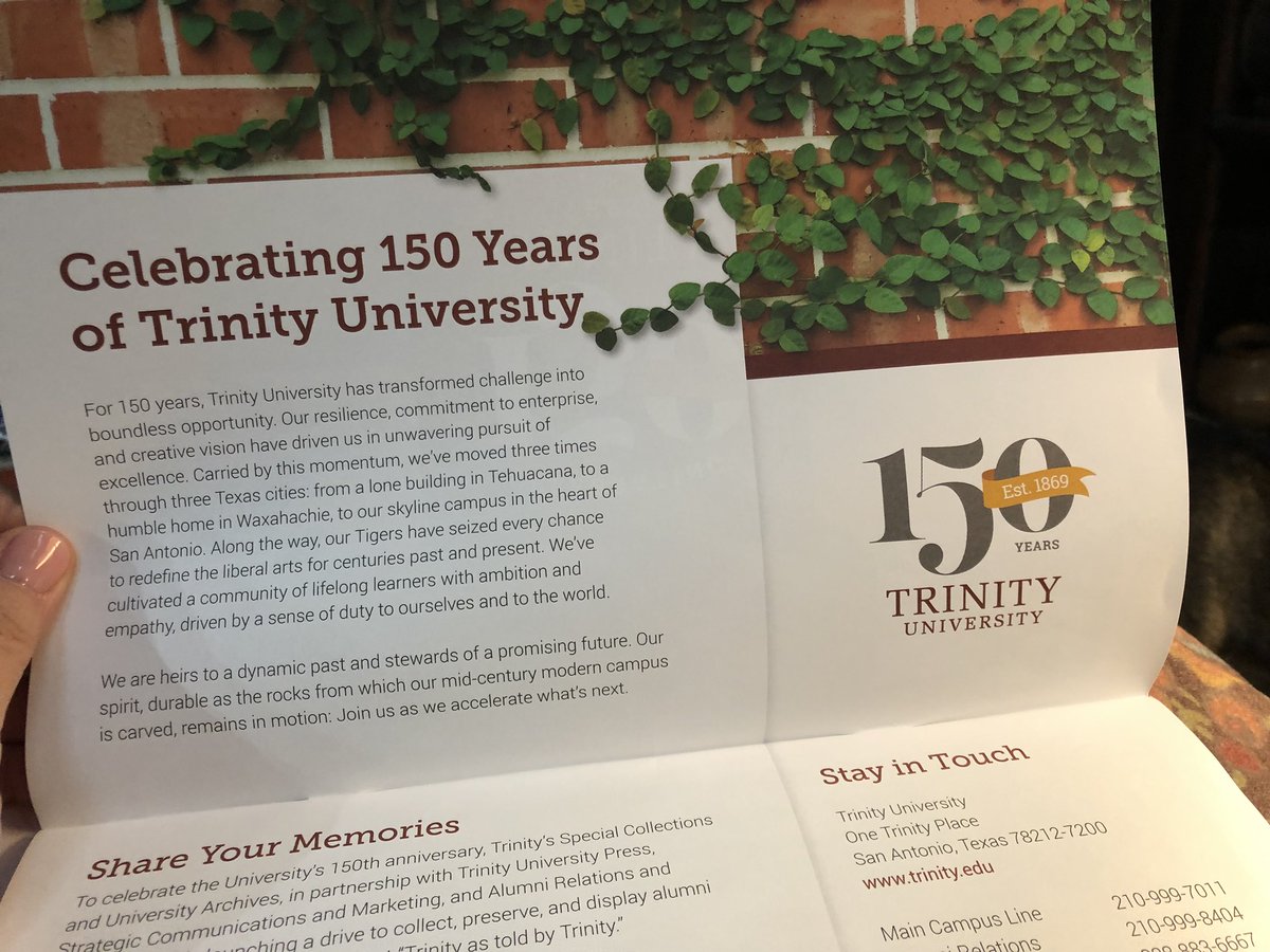 sjschweitzer's tweet photo. Got my @Trinity_U 150th anniversary calendar in the mail today. Very proud to continue to be engaged with the University by serving on the Anniversary Committee. Celebrating the great journey. #Trinity150 https://t.co/sONjxUdYCN