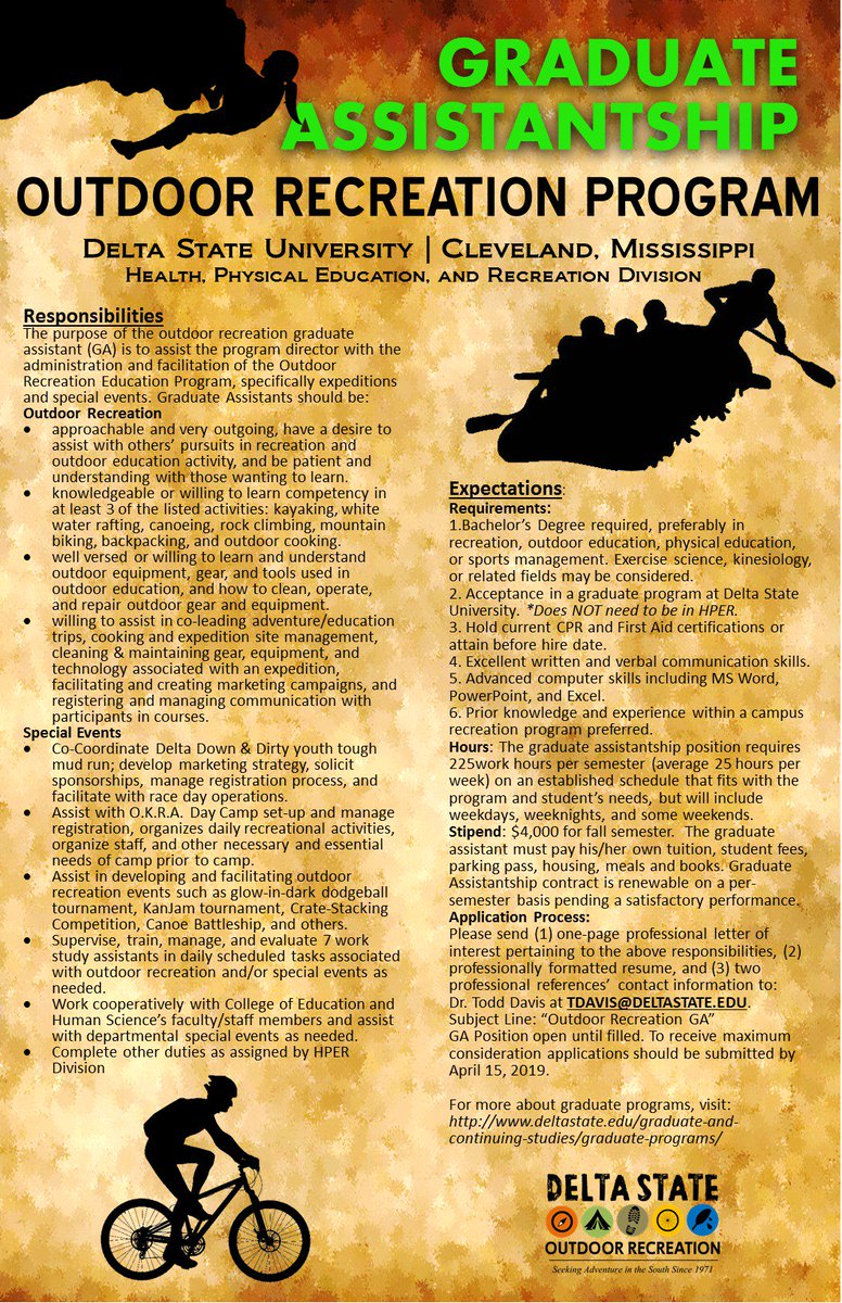 dsuoutdoorrec's tweet image. POSITION ANNOUNCEMENT:
OUTDOOR RECREATION GRADUATE ASSISTANTSHIP
The purpose of the outdoor recreation graduate assistant (GA) is to assist the program director with the administration of the Outdoor Recreation Education Program, specifically expeditions and special events.