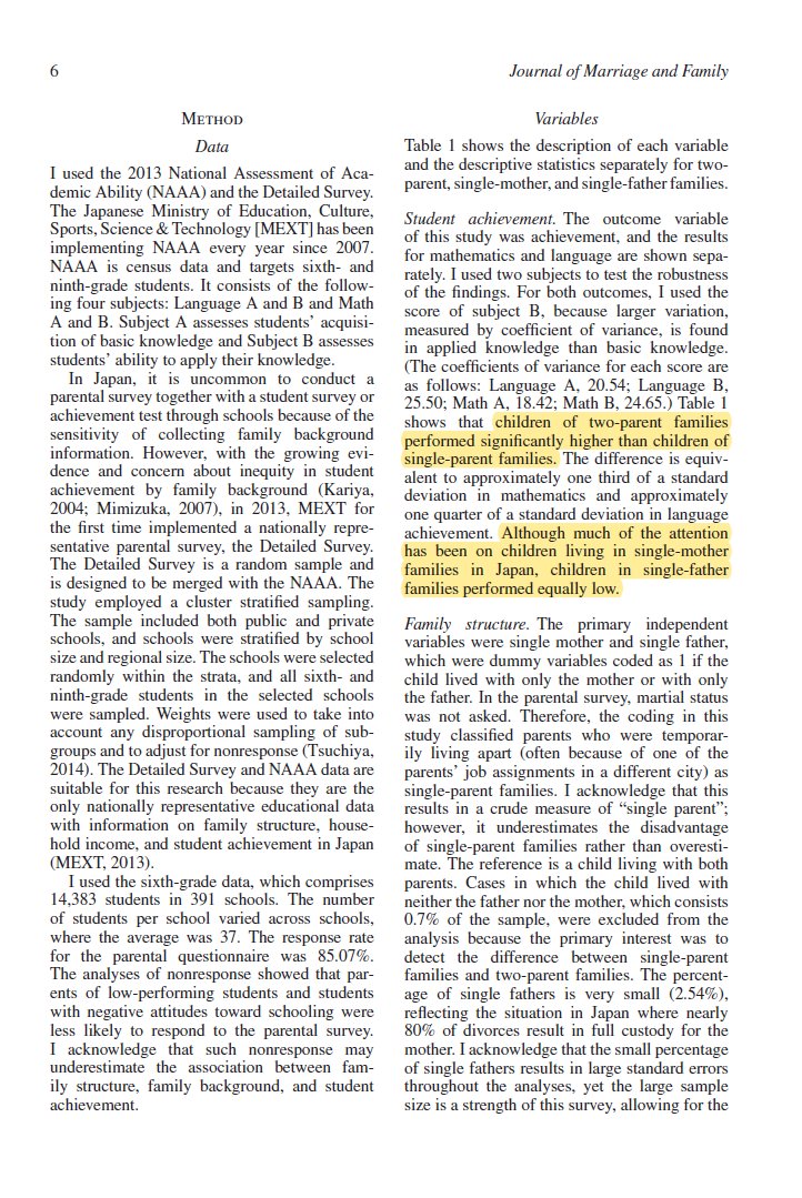 Children of single-parents preform academically worse than those of intact families. Single parents are less involved in child's education. Single mothers lack financial support and single fathers lack parenting resources.  https://onlinelibrary.wiley.com/doi/abs/10.1111/jomf.12409