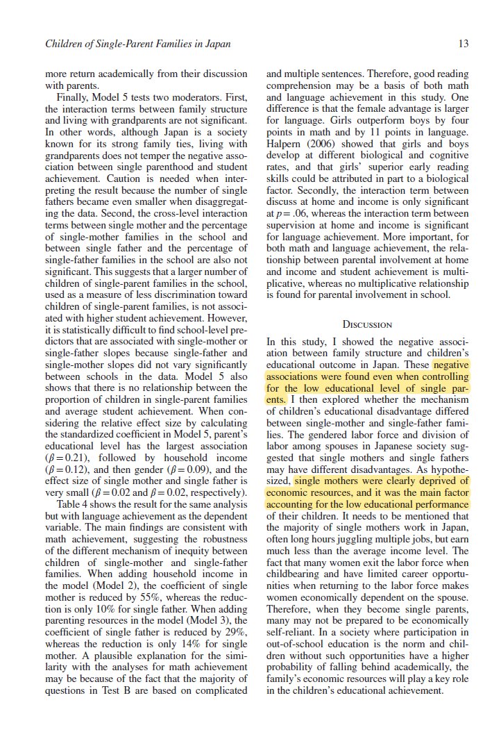 Children of single-parents preform academically worse than those of intact families. Single parents are less involved in child's education. Single mothers lack financial support and single fathers lack parenting resources.  https://onlinelibrary.wiley.com/doi/abs/10.1111/jomf.12409