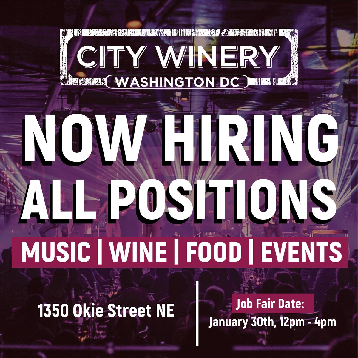 CityWineryDC's tweet photo. We're hiring! Join an incredible team of professionals who all share a common love for music, wine, food, and private events. Bring a resume to City Winery tomorrow, January 30th from 12pm - 4pm to apply in person. #jobfair #hiring #dchires #dchiring #dcjobfair #dcjobs https://t.co/avfUeQEyn9