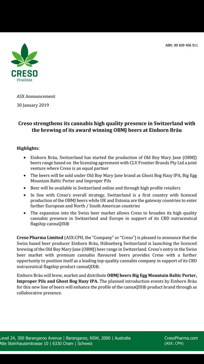 DEX_AI's tweet photo. Creso pharma $CPH  News out.

Equal JV partner with $lg.v and Viru beers.

Production of @OBMJ_beer range started in Switzerland through licensing agreement 👌 https://t.co/UKJAgQQLXE