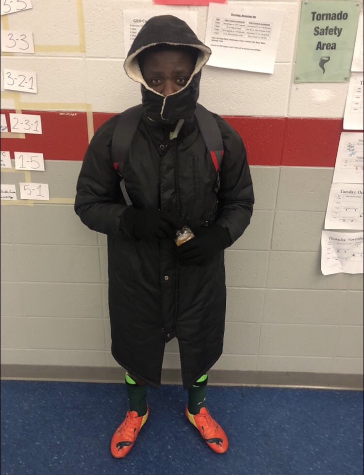GEOIntHS's tweet photo. This is Baraka. Baraka is smart because he is dressed warm. Tomorrow will be very cold. Be smart like Baraka and dress warm tomorrow for school! #letsgoGEO https://t.co/sf4J7ptboc