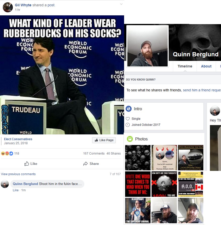 VestsCanada's tweet photo. SOO supporter advocates shooting @JustinTrudeau in #yellowvestscanada. @facebook allows them to organize on their platform. 
#cndpoli 
@rcmpgrcpolice @csiscanada 
@CBCNews @HuffPostCanada @CANADALAND @vicecanada @CTVNews @OttawaCitizen @globalnews @TorontoStar @NarcityCanada https://t.co/tJaPNlC8kG