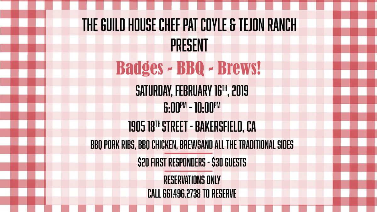Kern LEA (@klea_org) on Twitter photo Save the date! 📅
Guild House Restaurant Bakersfield Chef Pat Coyle & <a href="/tejonranch/">Tejon Ranch</a> present Badges - BBQ - Brews! 🍻
February 16th, 2019
6 - 10 p.m.
By reservation only, call 661.496.2738 to reserve.
All proceeds benefit the Henrietta Weill Memorial Child Guidance Clinic! Save the date! 📅
Guild House Restaurant Bakersfield Chef Pat Coyle & <a href="/tejonranch/">Tejon Ranch</a> present Badges - BBQ - Brews! 🍻
February 16th, 2019
6 - 10 p.m.
By reservation only, call 661.496.2738 to reserve.
All proceeds benefit the Henrietta Weill Memorial Child Guidance Clinic!