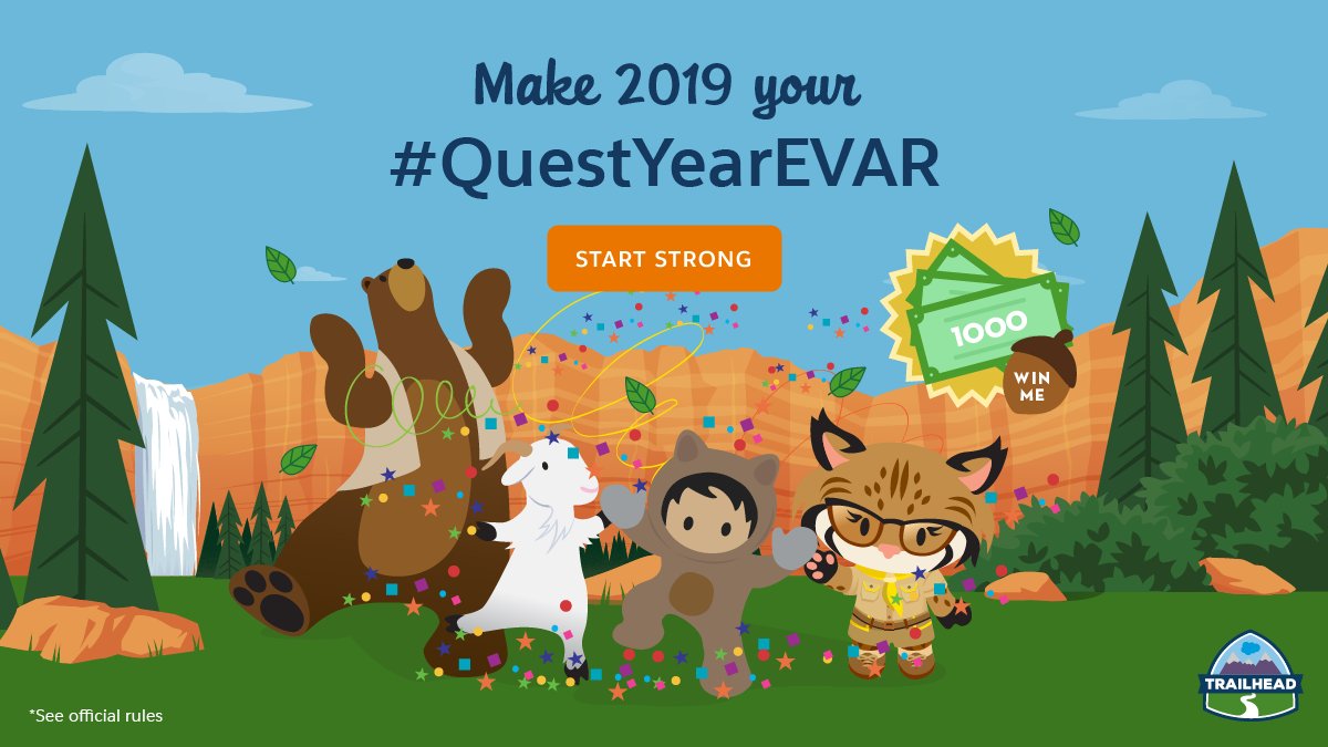 trailhead's tweet photo. Make 2019 the #QuestYearEVAR for achieving your learning goals. Earn badges before 1/31/2019 at 11:59 PM PT for a chance to win $1000 USD! https://t.co/mKSkDhdnKI #TrailheadQuests https://t.co/KcJEoPmJWT
