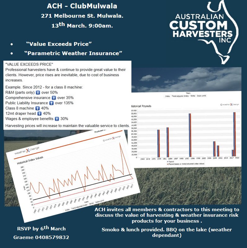 Australian Custom Harvesters (@ozharvesters) on Twitter photo ACH members & non-member contract harvesters are most welcome to attend. “Value Exceeds Price” is & continues to be the fact. “Parametric weather Insurance” designed primarily to make a tough #weather incident not so painful. RSVP vital. <a href="/progressiveagri/">Progressive Agriculture</a> <a href="/wrtNormT/">Norm Trethewey</a> <a href="/KondininGroup/">Kondinin Group</a> ACH members & non-member contract harvesters are most welcome to attend. “Value Exceeds Price” is & continues to be the fact. “Parametric weather Insurance” designed primarily to make a tough #weather incident not so painful. RSVP vital. <a href="/progressiveagri/">Progressive Agriculture</a> <a href="/wrtNormT/">Norm Trethewey</a> <a href="/KondininGroup/">Kondinin Group</a>