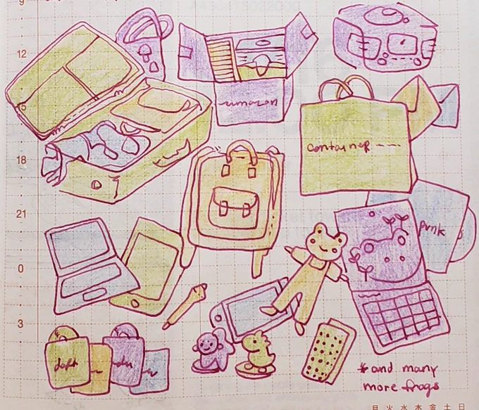 ugly doodle of the shit i brought back to ny with me from like... last week?? does time work maybe it was two weeks ago 
