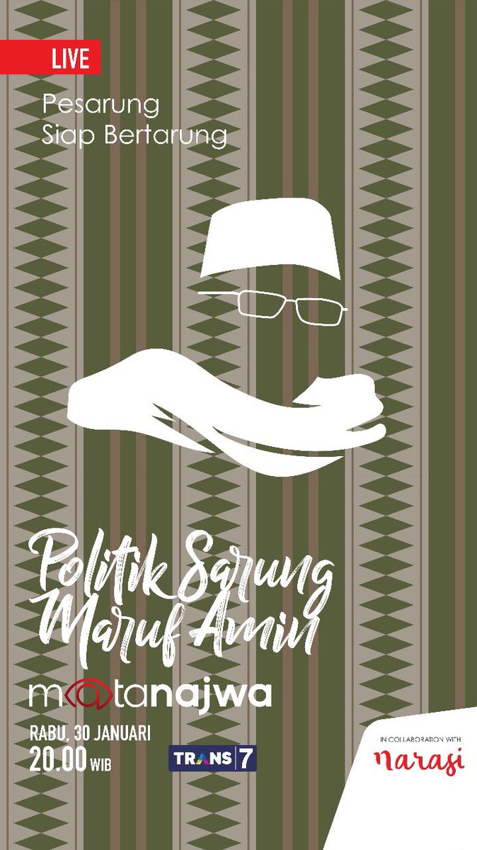 Politik Sarung itu apa sih? Yang pengen tau jangan lupa nonton malam ini jam 20.00 di <a href="/MataNajwa/">Mata Najwa</a> ya, guys! InshaAlloh saya juga hadir, kupas bareng <a href="/NajwaShihab/">Najwa Shihab</a> Buat yang punya masukan atau pertanyaan boleh di reply di bawah 👇🏻