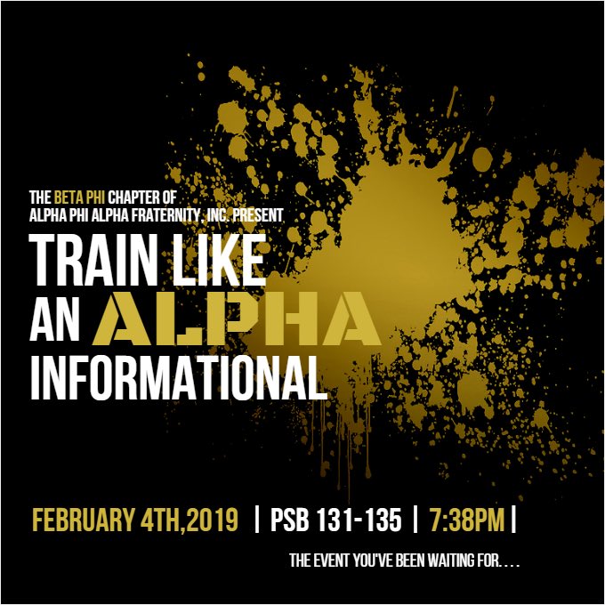 BetaPhi1938's tweet photo. Do you have what it takes to Train like an Alpha? Join us for our 2019 Train like an Alpha Informational February 4th, 2019 in PSB 131-135 at 7:38 #ΒΦ #myDU #DU18 #DU19 #DU20 #DU21 THIS EVENT IS ONLY OPEN TO DU WOMEN https://t.co/b9ZoujLoaG