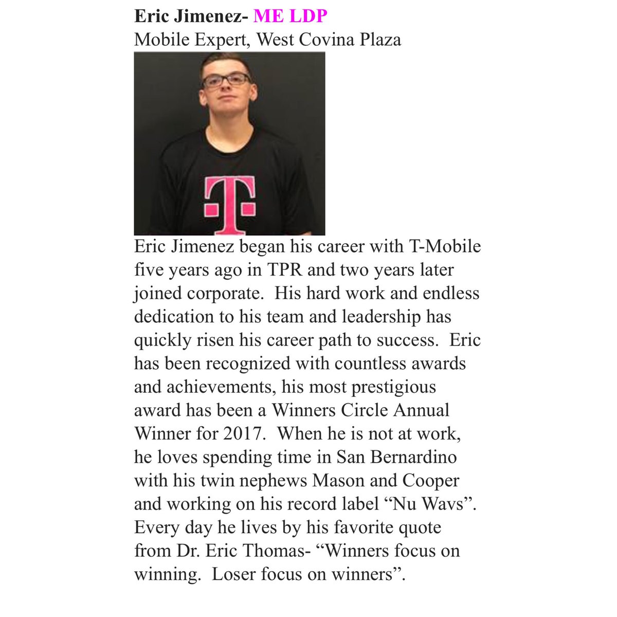 EricOffTheRipLA's tweet photo. Feeling blessed to have this opportunity not only to represent my store West Covina Plaza but my district East Los Angeles! Take any opportunity to invest in your own development &amp; OWN IT! #SouthWestBest #TMOBILE #TMobileCareers #bEASTLA https://t.co/EZiJp38RsR