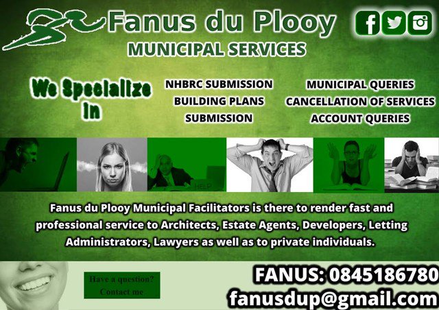Toonkind's tweet photo. Fanus du Plooy - 0845186780 your number for any and all Municipal queries in the #Gauteng area

Do you have an unrealistic watermeter account, do you need to submit a building plan? I know just the person who can help Fanus Du Plooy
#pretoria #Gauteng https://t.co/qtawrMgjdx