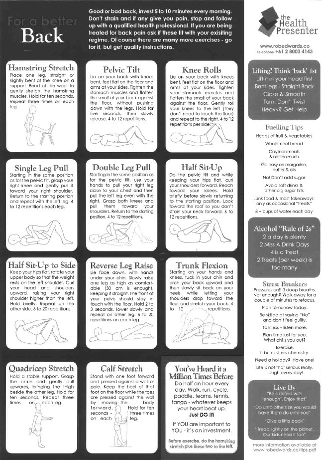 NZHERA's tweet photo. Good or bad back, invest 5-10mins every morning to looking after #1 (that's you by the way!). A great #healthandsafety document shared by our Membership Services & Support Mgr #BrianLow from a @AuSAENews conference. #safetyculture #wellness #backcare #robedwards #healthpresenter https://t.co/jybSpb4kCO