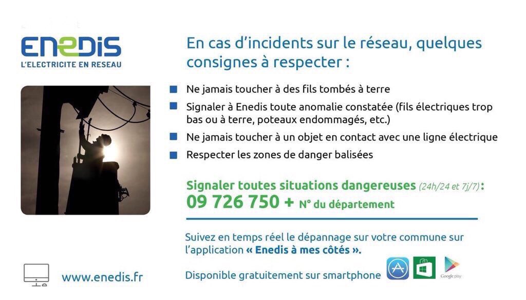 #TempeteGabrtiel : Nos équipes sont mobilisées sur le terrain. Restez prudents et n'hésitez pas à signaler une situation dangereuse. 
En cas de coupure d’électricité rendez-vous sur l’application Enedis à  mes côtés pour connaître les prévisions de rétablissement.