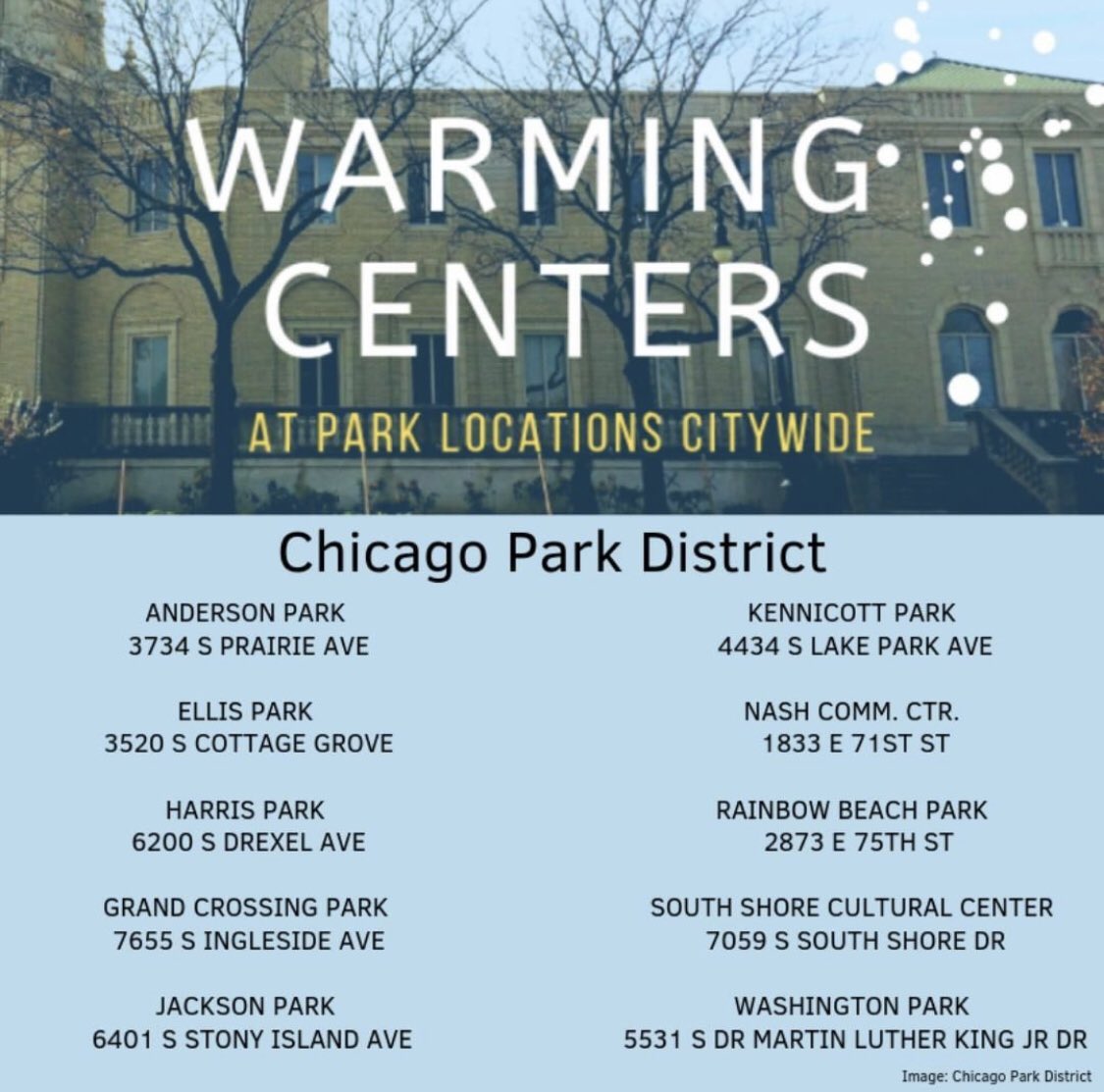 5forFoldi's tweet photo. Stay warm, Chicago! There are warming centers all around the city, but these are several of the ones closest to the Fifth Ward! #twill #SnowMageddon2019 https://t.co/CUQe4I2mk4