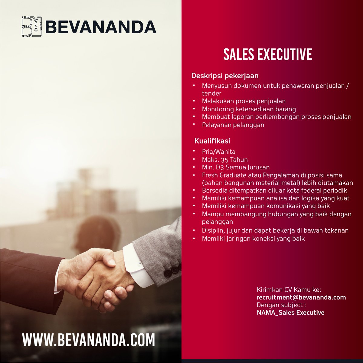 Bevanandaoffice's tweet photo. apa kamu yang terbaik? Buktikan dengan kirimkan CV anda, dengan format ke : recruitment@bevananda.com dengan subject "NAMA_Sales Executive"
#LOKER #LOWONGANKERJA #lowongan #jobstreet #lokerjakarta #lokerjabodetabek https://t.co/mpKsMv10q7