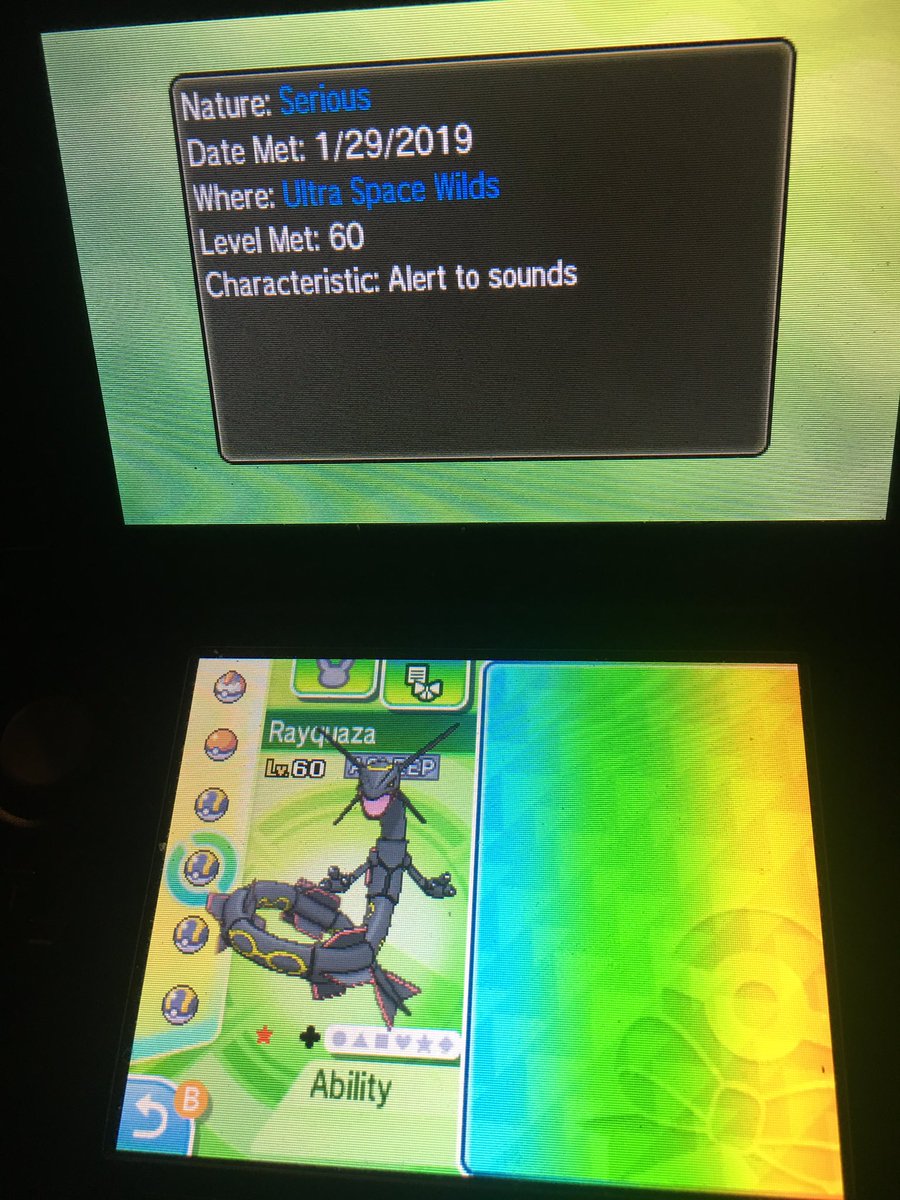 HonestSalt58's tweet photo. @theSupremeRk9s full odds shiny Rayquaza on ultra sun. Only took 1,159 soft resets. #HolyShinx https://t.co/T5aFX4sdx8