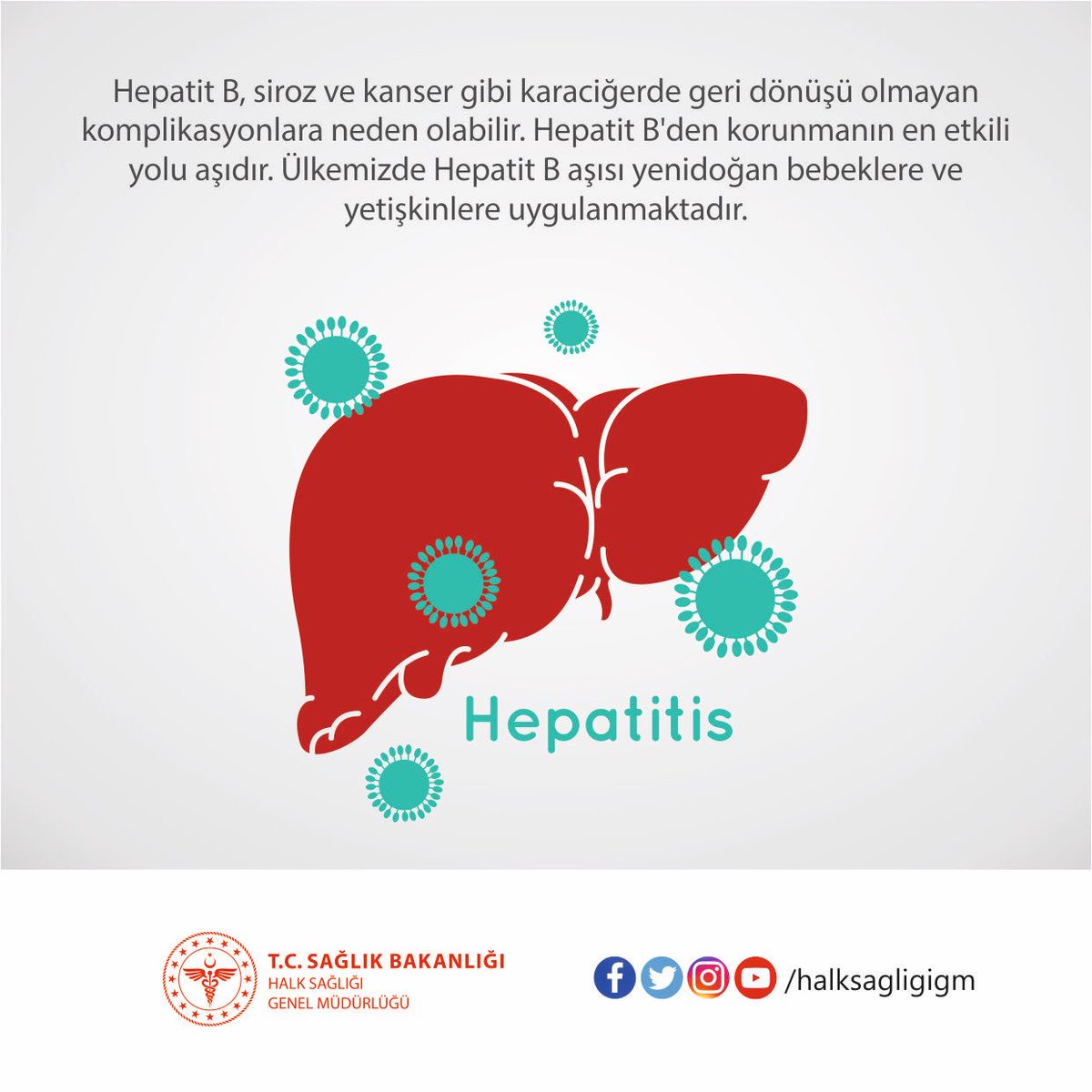 halksagligigm's tweet image. Hepatit B, siroz ve kanser gibi karaciğerde geri dönüşü olmayan komplikasyonlara neden olabilir. Hepatit B’den korunmanın en etkili yolu aşıdır. Ülkemizde Hepatit B aşısı yenidoğan bebeklere ve yetişkinlere uygulanmaktadır.
🔗 sagligim.gov.tr