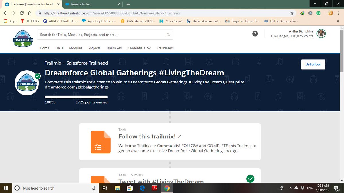 AsthaBichchha's tweet photo. Completed the Dreamforce Global Gatherings #LivingTheDream  #TrailblazerCommunity @trailhead @TopTrailblazers https://t.co/n1KBtKyl2W https://t.co/XnoxJXg69X