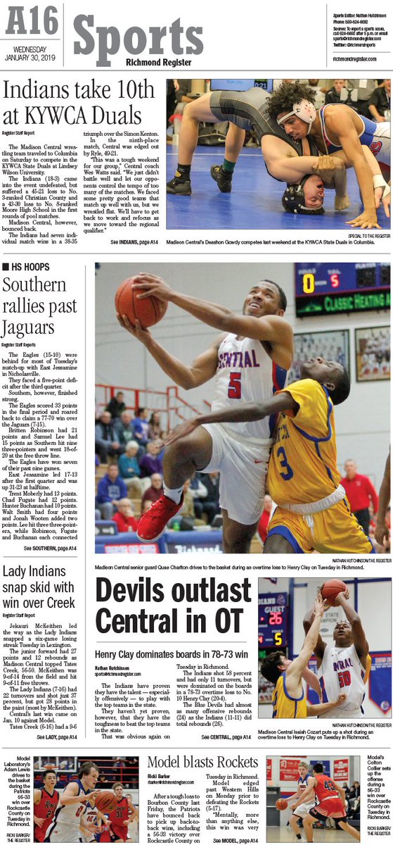 RichmondRsports's tweet image. The Richmond Register&apos;s Wednesday, Jan. 30, 2019 Sports Page
@MCHS_Hoops @MCHSLadyHoops @ModelBasketball @MCSWRESTLING @CoachKinley @MadSouth_Bball @bereacommunity