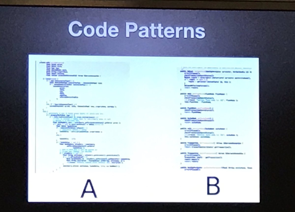 Counting negative space gives a language-agnostic approach to code complexity. B is better than A even if we can’t read the code... <a href="/AdamTornhill/">Adam Tornhill</a> <a href="/ddd_eu/">DDD Europe</a> #dddeurope