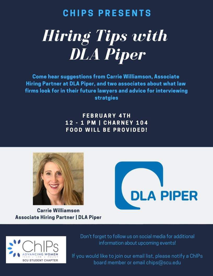 SCU_Law_ChIPs's tweet photo. Join us Feb 4th, 12-1pm Charney 104! #networking #internships https://t.co/ITxx4x2NnF