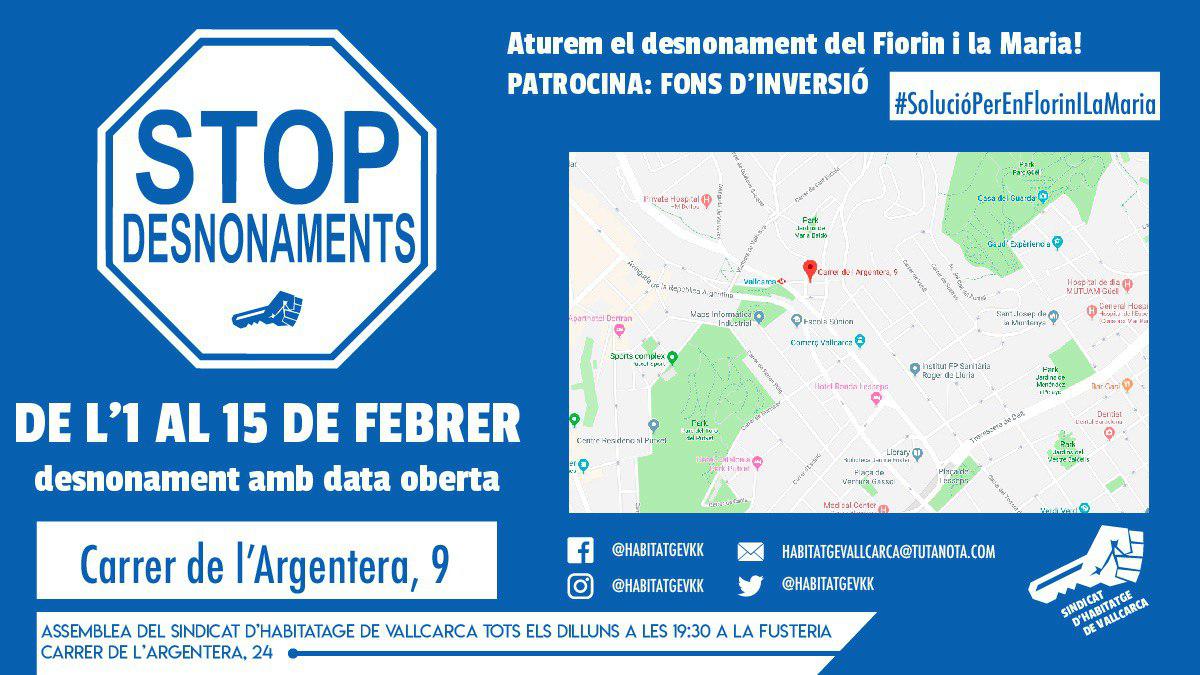 DesnonamentsBCN's tweet photo. 🔊 #AlertaDataOberta #AlertaDesnonament 🔊
📅 A partir de DIVENDRES 1/02 fins DIVENDRES 15/02 #1F #15F #Vallcarca
📌 Lloc: C/ de l'Argentera, 9
✊ Convoca: @HabitatgeVKK
#NoEnsFaranFora
#ProuDataOberta #SolucióPerEnFlorinILaMaria https://t.co/pBI1ctSTrt