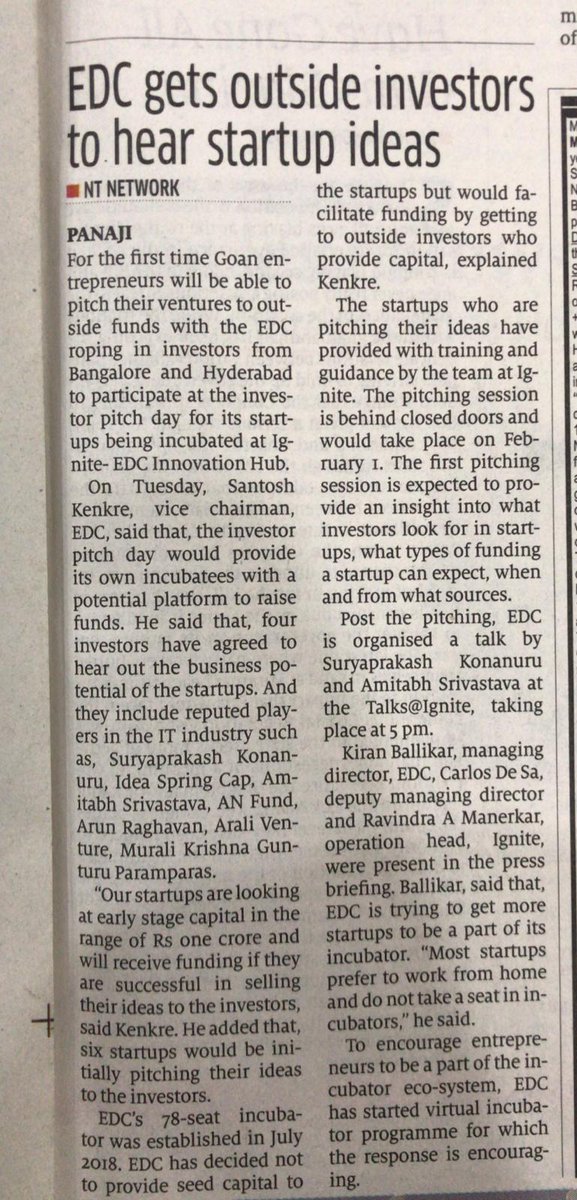 EdcIgnite's tweet photo. “ Investor Pitch Day by Ignite in the News !
Part of our ongoing efforts to help provide Goan startups opportunities to raise funding and succeed”
#EDCIgnite #EDCLimited #StartUp #Investor #InvestorSummit #IgnitePitchDay https://t.co/T5gVIwmahQ