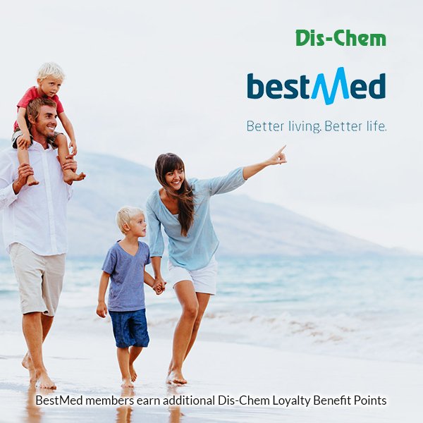 BestMed members earn additional Dis-Chem Loyalty Benefit Points. To activate this offer, visit the Dis-Chem customer service desk in store with your BestMed Medical Aid Card.