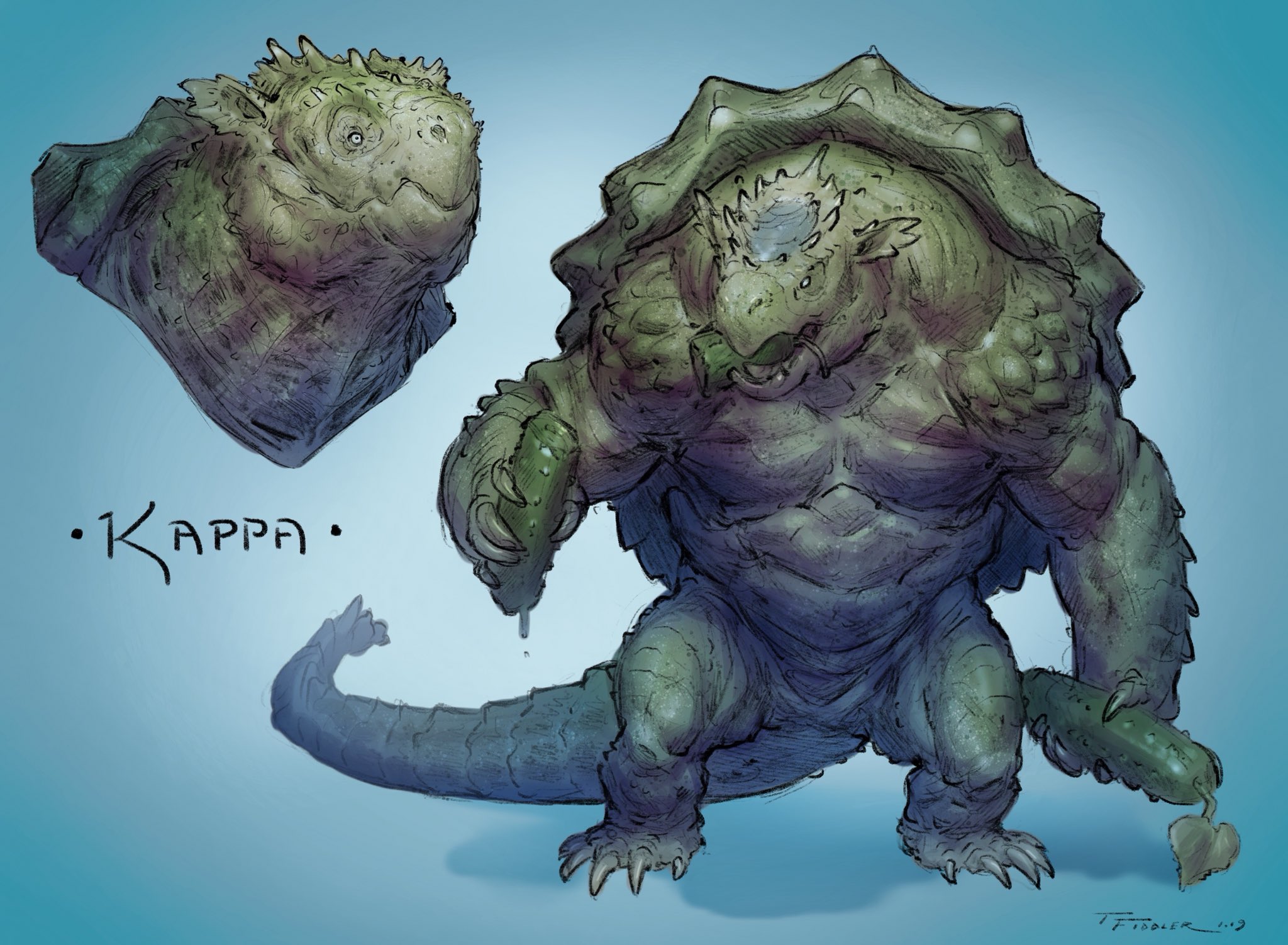 galblaas Dominant Sluier Taran Fiddler on Twitter: "Day 29 of #creatuanary! The #kappa from Japanese  mythology! Apparently they were fond of cucumbers! 🥒😆 Thanks and Enjoy!!  #creatuanary2019 #creature #creaturedesign #character #characterdesign  #conceptart #art #drawing ...