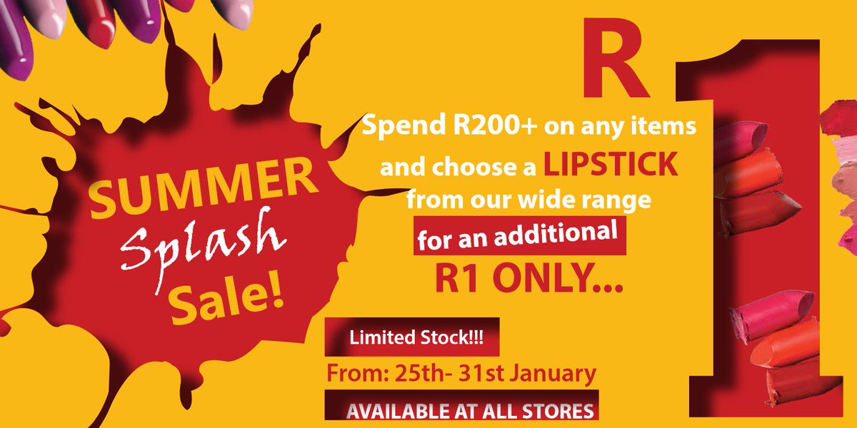 1 day left for R1 lipstick 😉 Spend R200+ on any items in-store and choose a lipstick from our wide range for an additional R1 only! 💄
 
Ts &amp; Cs apply. Valid until 31 January. Available while stocks last.