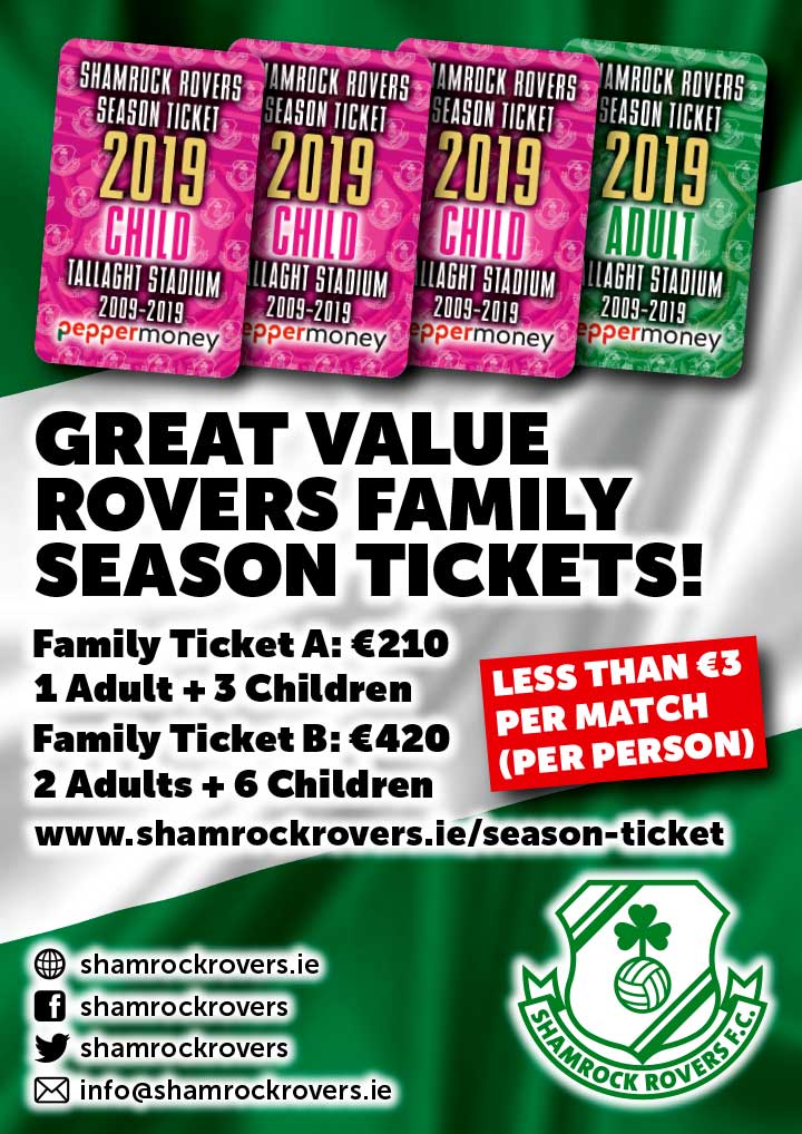 ShamrockRovers's tweet photo. Over 1,200 Season Tickets sold to date for the new season and only 2 weeks to go to the start of the 2019 season, get yours asap https://t.co/2beEzz5MCD less than €3 pp per match #FAMILYOFFER #KIDSGOFREE #ROVERS2019 https://t.co/L1E17A5Ved