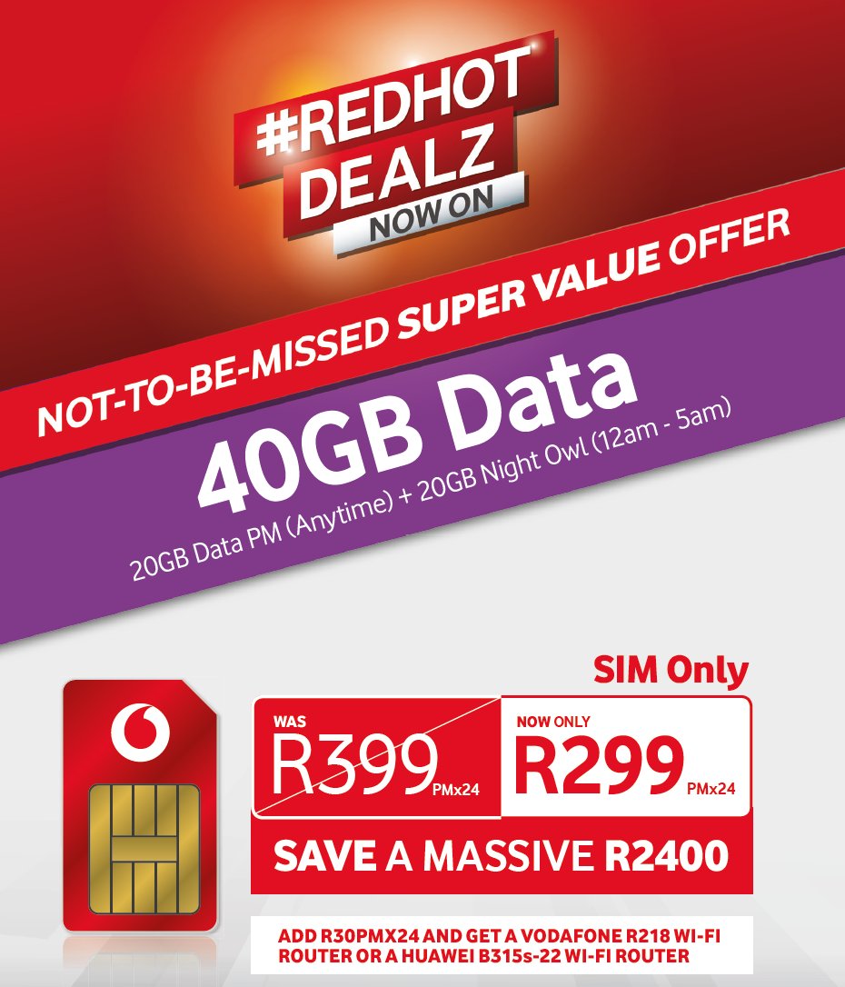 JUST IN- Super Red Hot Data deal! Buy the SIM ONLY, for just R299, and get 40GB data PM! Add R30 pm x 24 and get a Vodafone R218 WI-FI Router or a Huawei B315s-22 Wifi Router.💫📱#Cellucity