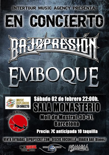 Este sábado concierto de <a href="/_BajoPresion_/">BajoPresion</a> con <a href="/EMBOQUEROCK/">EMBOQUE</a> en <a href="/SalaMonasterio/">Sala Monasterio</a> de #Barcelona. metaltrip.com/bajopresion-en… #Metaltrip