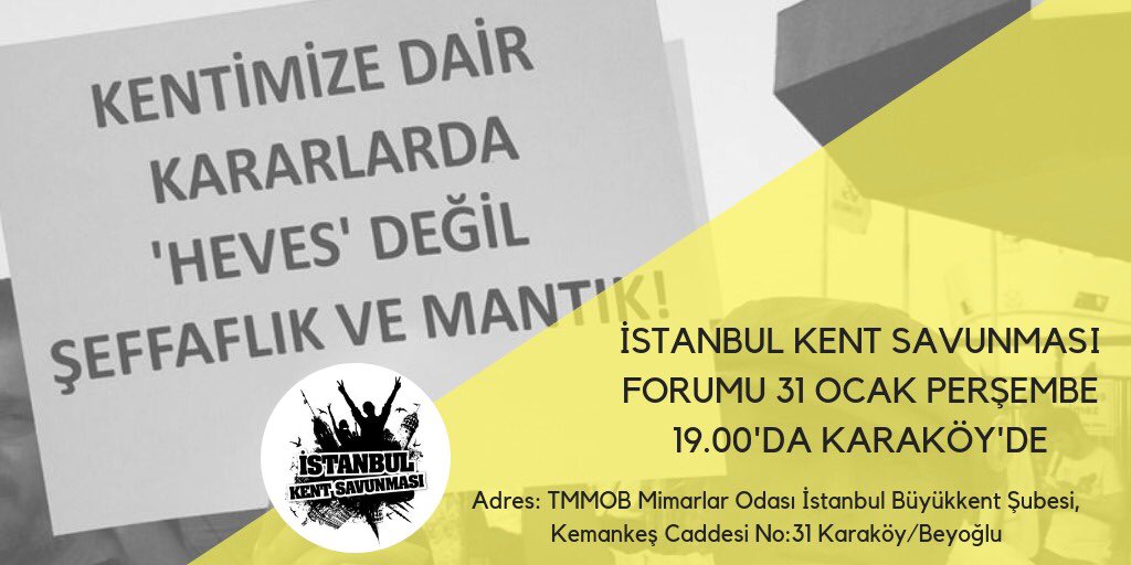 📣 İstanbul Kent Savunması forumu 31 Ocak Perşembe 19.00'da Karaköy'de toplanıyor. 

🔸 Herkesin katılımına açık olan #İKSForum'da görüşmek dileğiyle 

📍Adres: TMMOB Mimarlar Odası İstanbul Büyükkent Şubesi, Kemankeş Mah. No:31 

#KentHakkı
