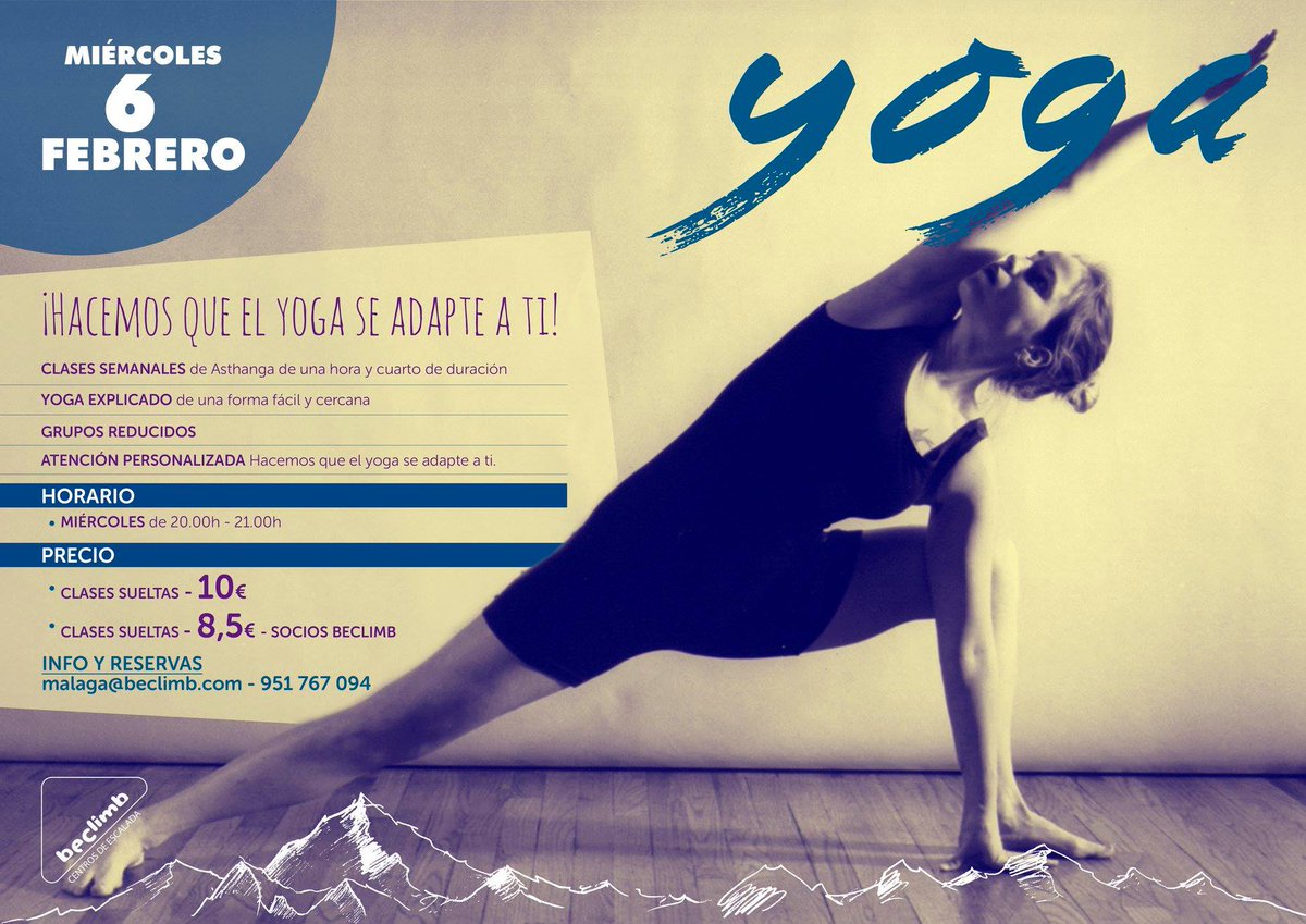 beclimbcenter's tweet photo. A partir del 6 de febrero, todos los miércoles a las 20.00h clase de #YOGA en #beclimbcentermlg ¡A tope!
¡¡Plazas limitadas!!
¿Os apuntáis?
...
Insscripciones ONLINE aquí 👉https://t.co/UAIAmDHaGA https://t.co/NjII9BiIGp