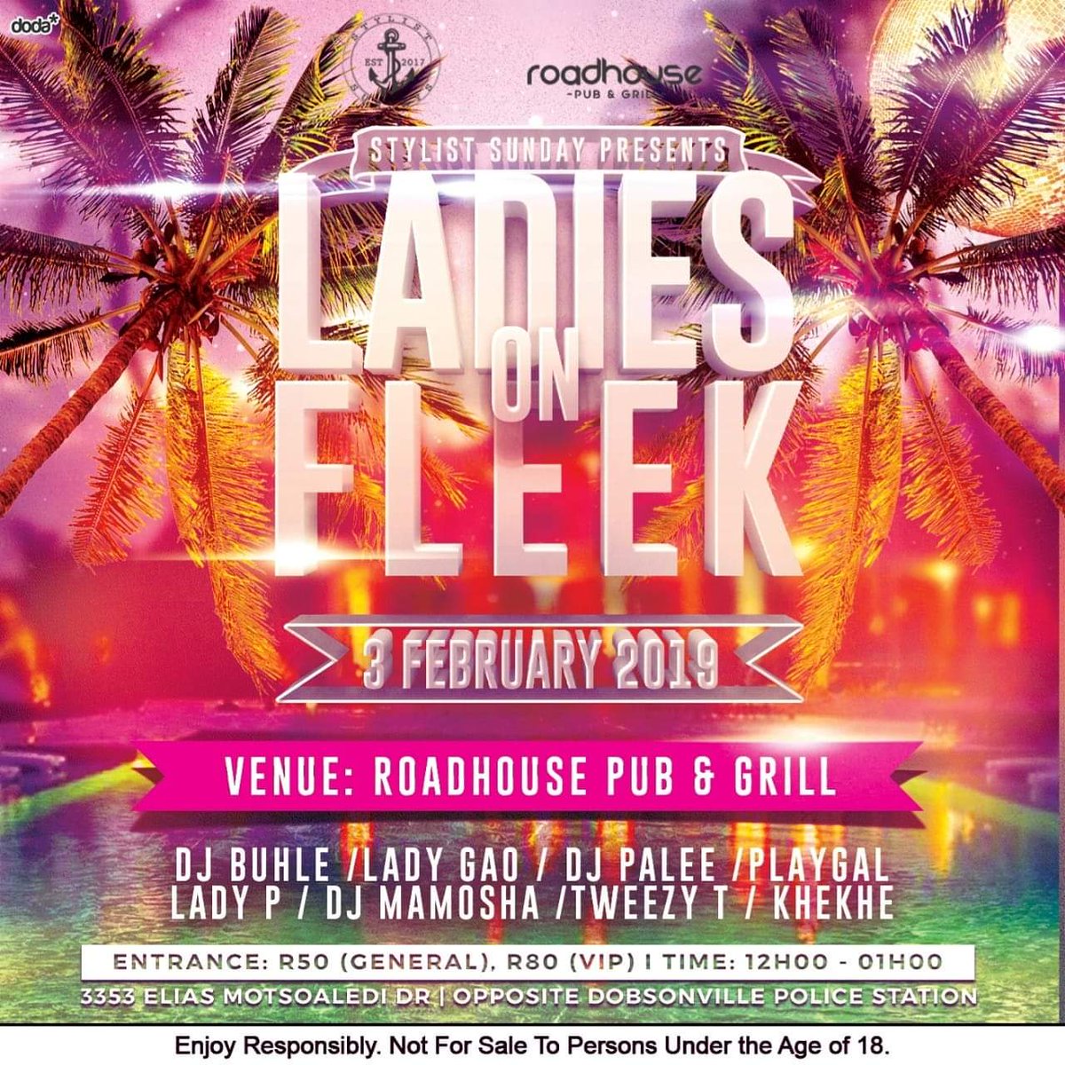 RoadhouseSoweto's tweet photo. STYLIST SUNDAY PRESENTS:

LADIES ON FLEEK 💦

Sunday, 03 February | 12pm

Entrance: R50 (General) | R80 (VIP)

LINEUP:
🎧: DJ Buhle
🎧: Lady Gao
🎧: DJ Palee
🎧: Lady P
🎧: DJ Mamosha
🎧: Tweezy T
🎧: Khekhe

#EveryFirstSunday https://t.co/IQFynbjrQR