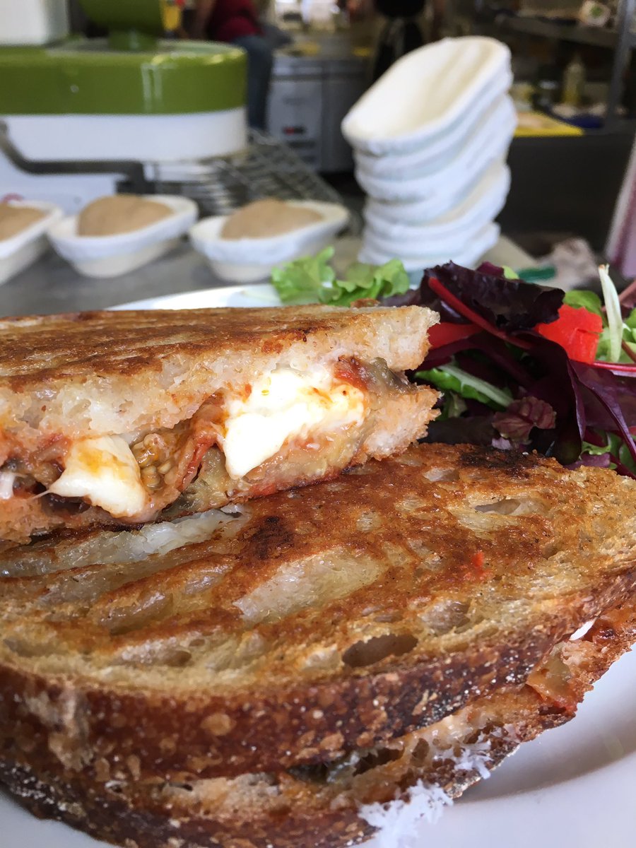 BlakesFood's tweet photo. My new favourite #sandwich. Aubergine parmigiana and mozzarella melt #toastie #melt #sourdough #realbread #aubergine #mozzarella #italiantheme https://t.co/4YffjmSuZh