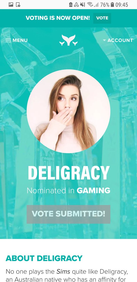 FelicityRodger's tweet image. Congratulations to @Deligracy for the nomination! I just voted ✔