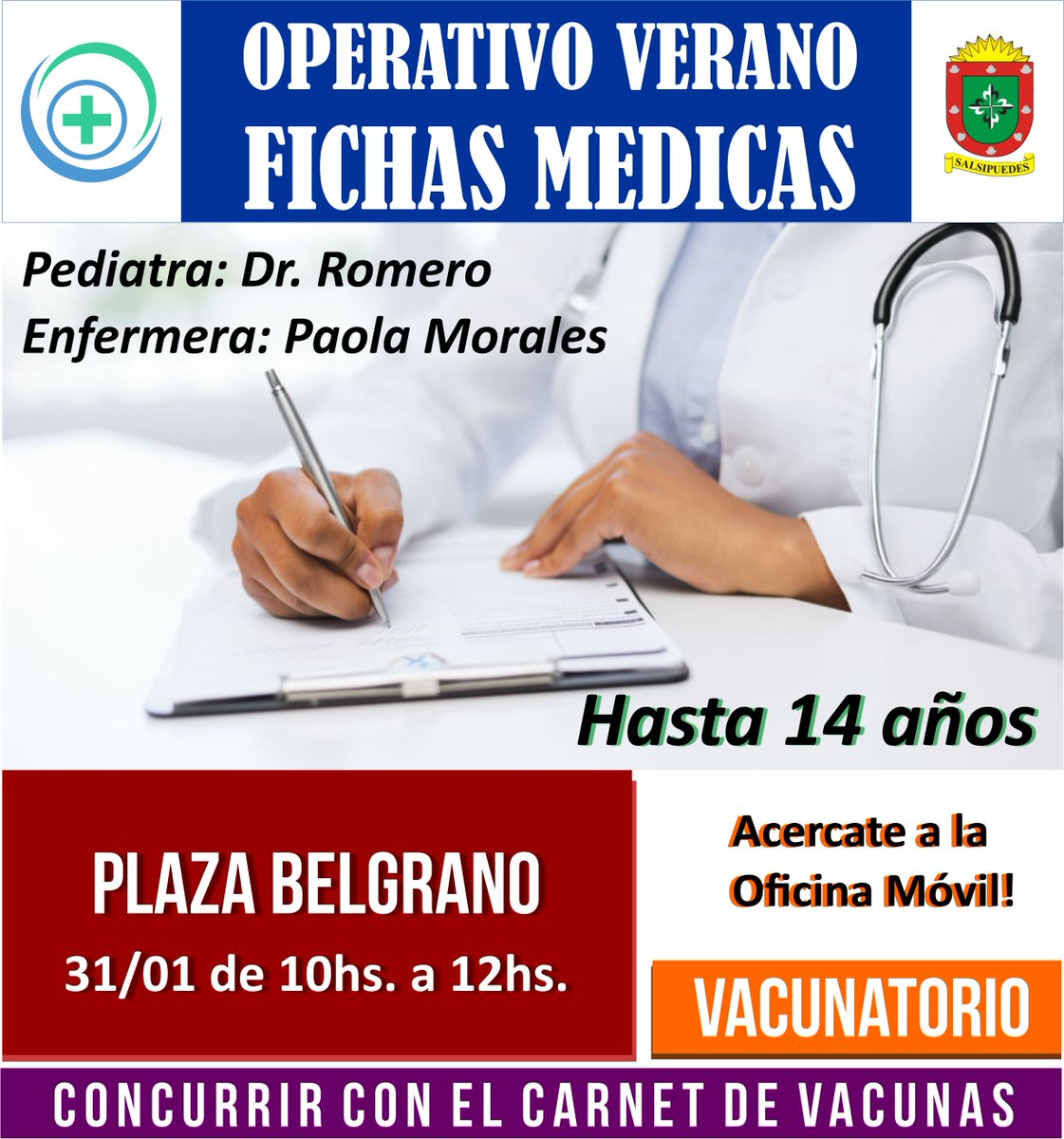 Seguimos con el OPERATIVO VERANO-FICHAS MEDICAS
Mañana! 10 TURNOS POR ORDEN DE LLEGADA