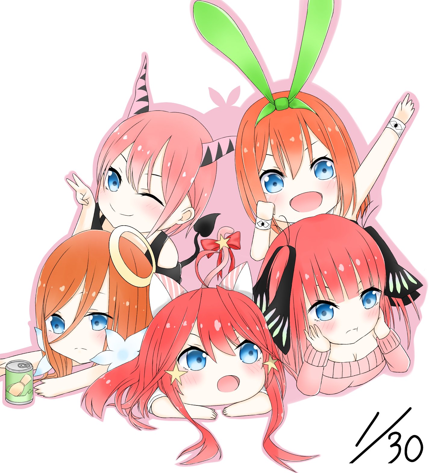 トリ イラスト修行中低浮上 五つ子のアイコン風ミニキャライラスト描いてみました もし日付無しver が欲しい方がいらっしゃりましたら一言かけて下さい 五等分の花嫁 五等分の花嫁好きはrt T Co Rslxnswidr Twitter