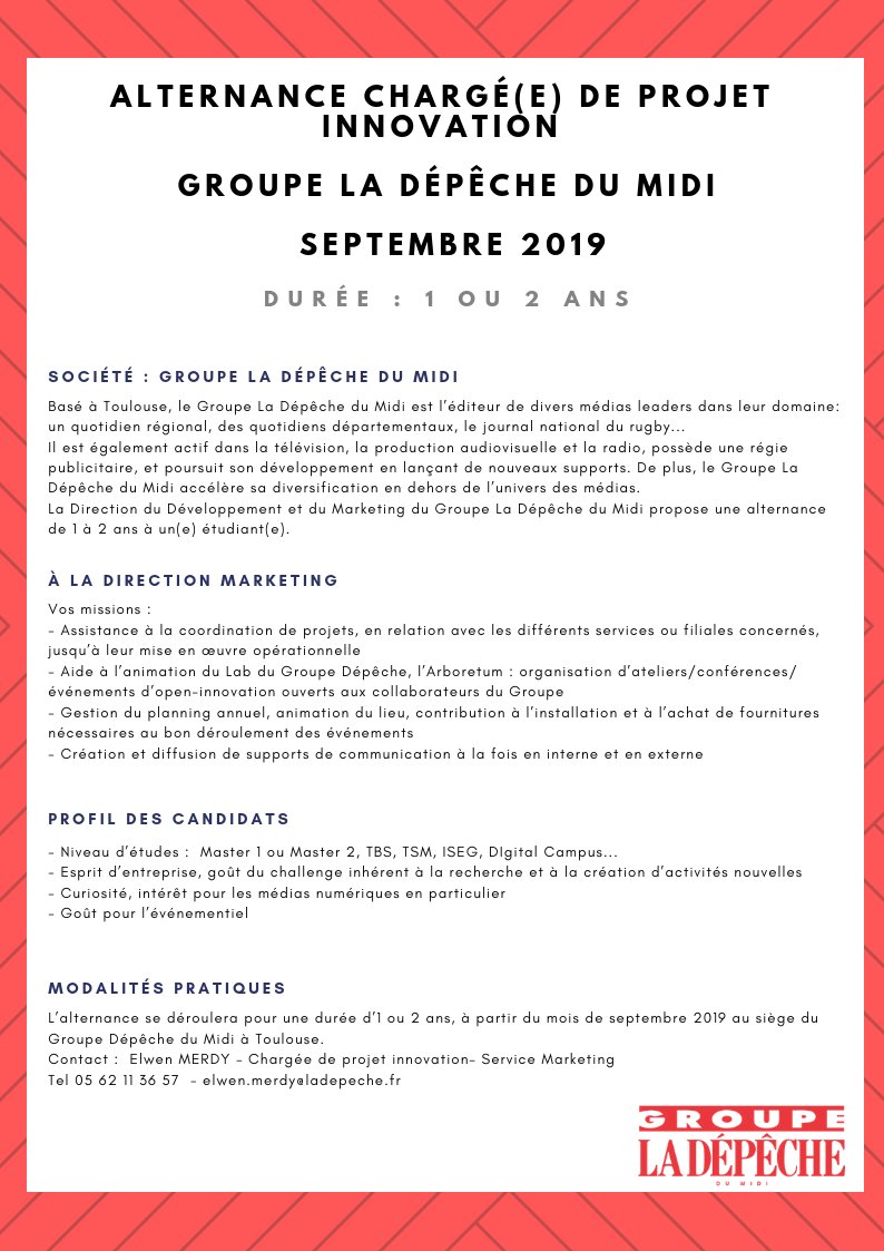 ThomasBedana's tweet photo. @ladepechedumidi cherche son prochain #stagiaire (avril) et son prochain #alternant (septembre) pour rejoindre son département #marketing ! 📰
👉#stage de 6 mois
👉#alternance de 1 ou 2 ans https://t.co/w1fhfgd6j5