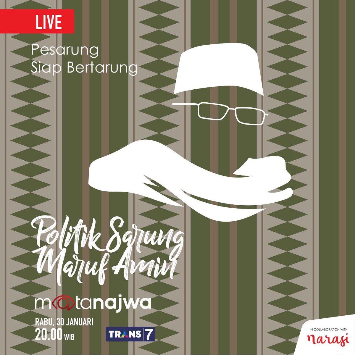 Mengajak sahabat2 PKB dimanapun berada utk menyaksikan <a href="/MataNajwa/">Mata Najwa</a> "Politik Sarung Ma'ruf Amin" live <a href="/TRANS7/">TRANS7</a> mulai pukul 20.00 WIB. 
Pesarung Siap Bertarung! 
<a href="/cakimiNOW/">A Muhaimin Iskandar</a>